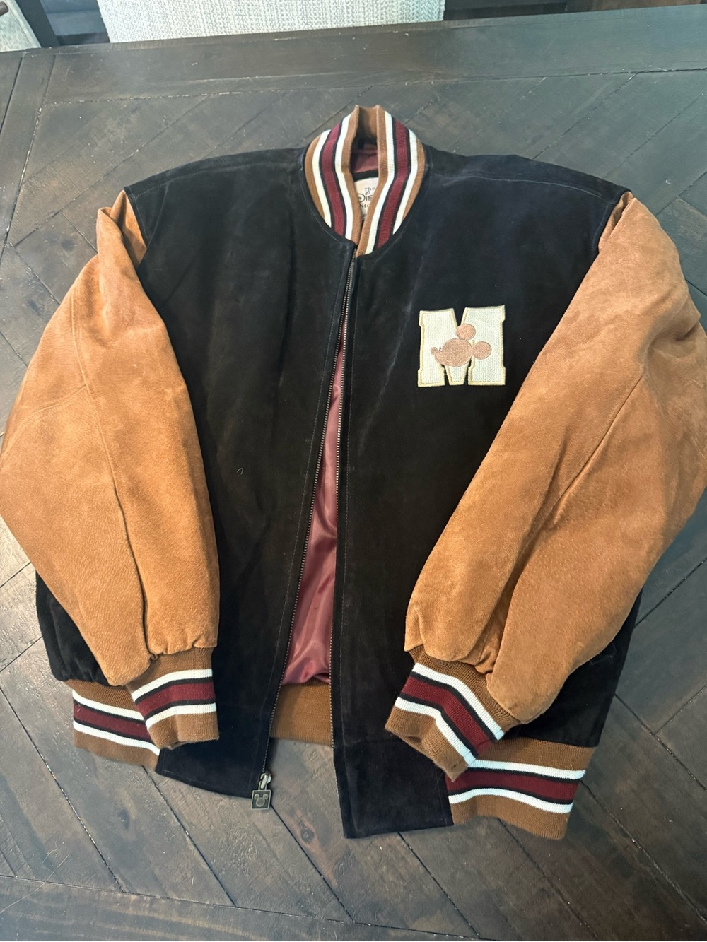 Disney Black Body Tan Suede Sleeve Varsity Bomber Jacket